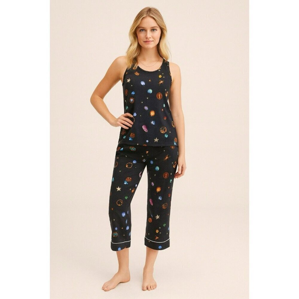 Fabletics Ecosatin Sleep Tank & Crop Pants Lucky Charm Zodiac Signs Set Size L